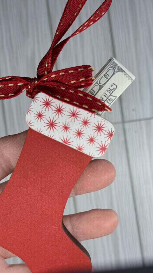 Red Stocking with a nostalgic pattern cuff. This ornament is perfect for gifting a little holiday CASH.  Cash not included. 