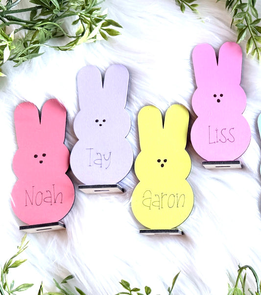 Personalized wooden bunnies add a perfect touch of whimsy decor into your space.  Available in multiple pastel colors.  
