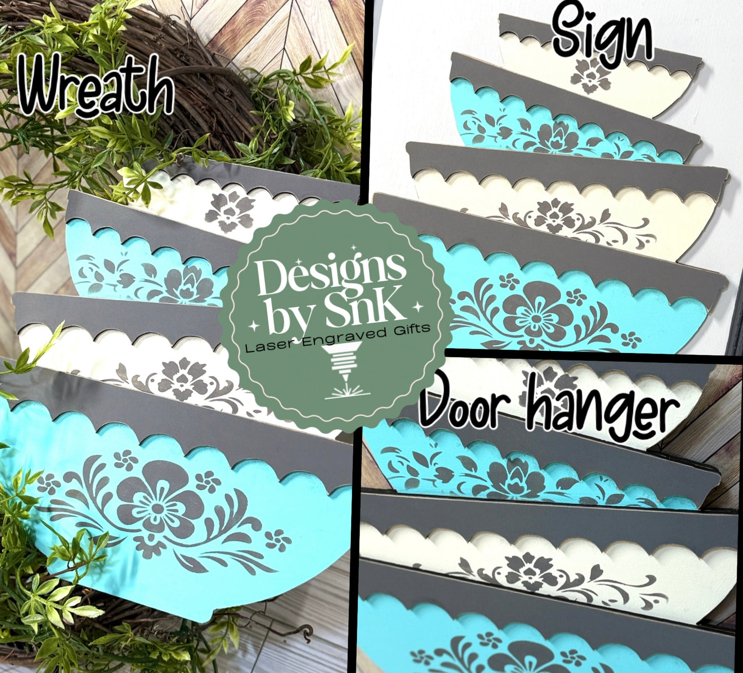 DesignsBySNK digital file for stacked bowls and floral stencil. Create door hangers, signs, or Wreaths. Turquoise, cream and grey finished product. 
