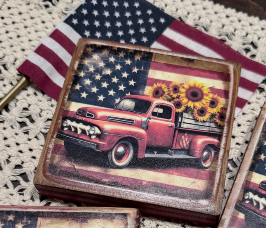 Rustic Vintage Red Truck shelf sitter filled with sunflowers. 