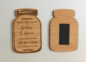 Save the date engraved magnets shown front and back.  