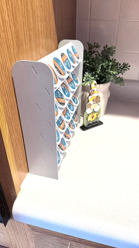 Side view of K-Cup stand showing space-saving slim profile - compact coffee pod organizer