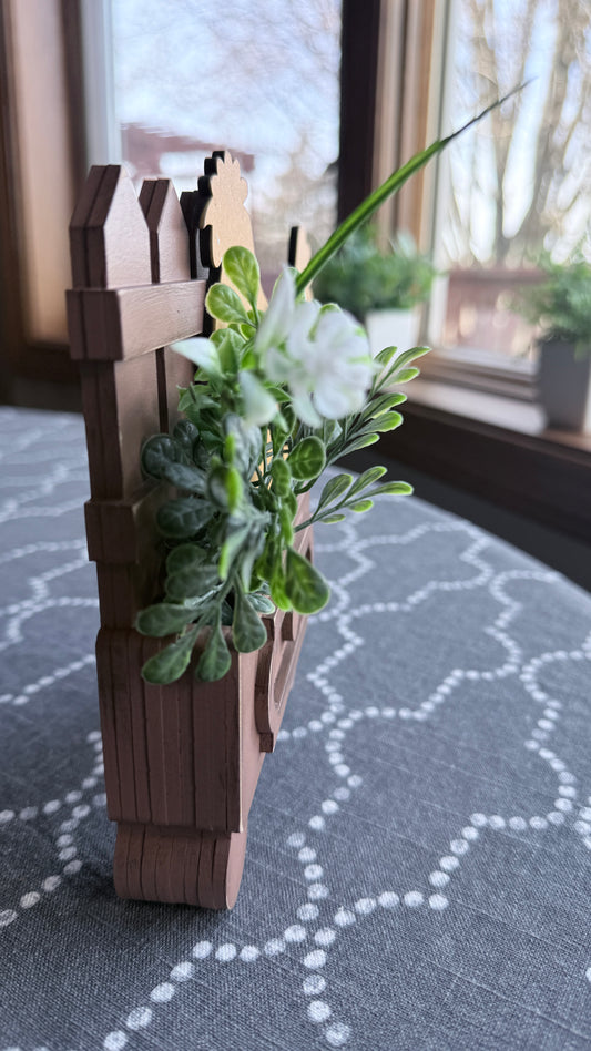 Handcrafted wooden fence box showing rustic farmhouse design detail, perfect for tiered tray styling and home décor displays