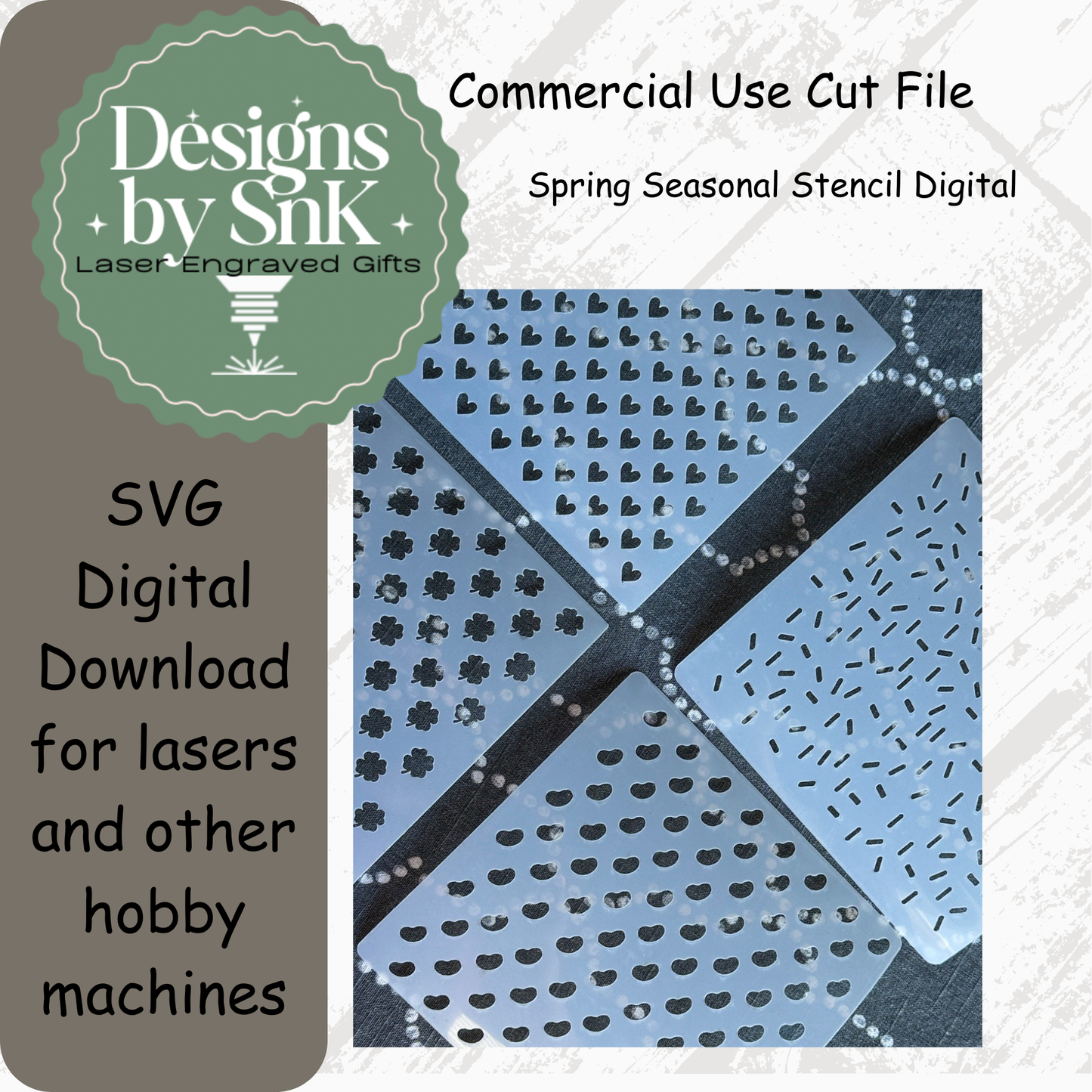 Spring seasonal stencil digital cut file with 'Designs by Sink' logo and text about SVG digital download for lasers.