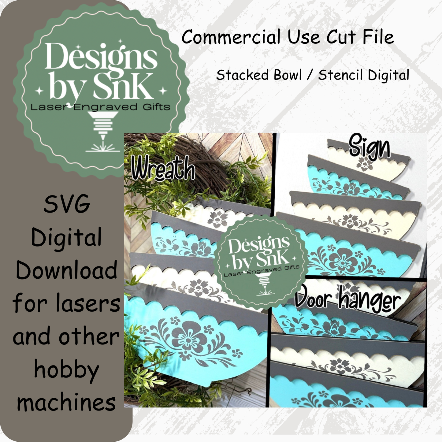 Promotional graphic for 'Designs by Sink' with laser-engraved gift items and digital cut files.