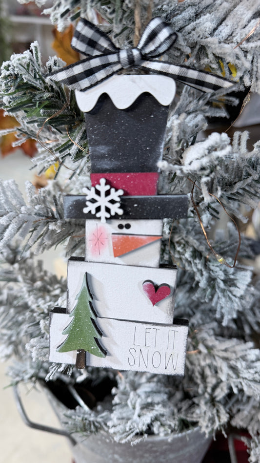 Decorative snowman ornament on a Christmas tree with snow and festive decorations.