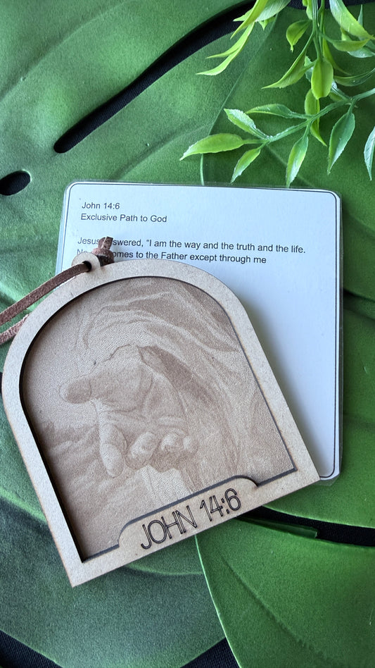 The Path to Heaven hand-engraved wooden ornament with John 14:6 verse card, handmade Christian décor made in Columbia Missouri by Designs by SNK. 