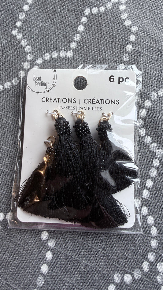 Black beaded tassels 6-pack with gold jump rings for jewelry making